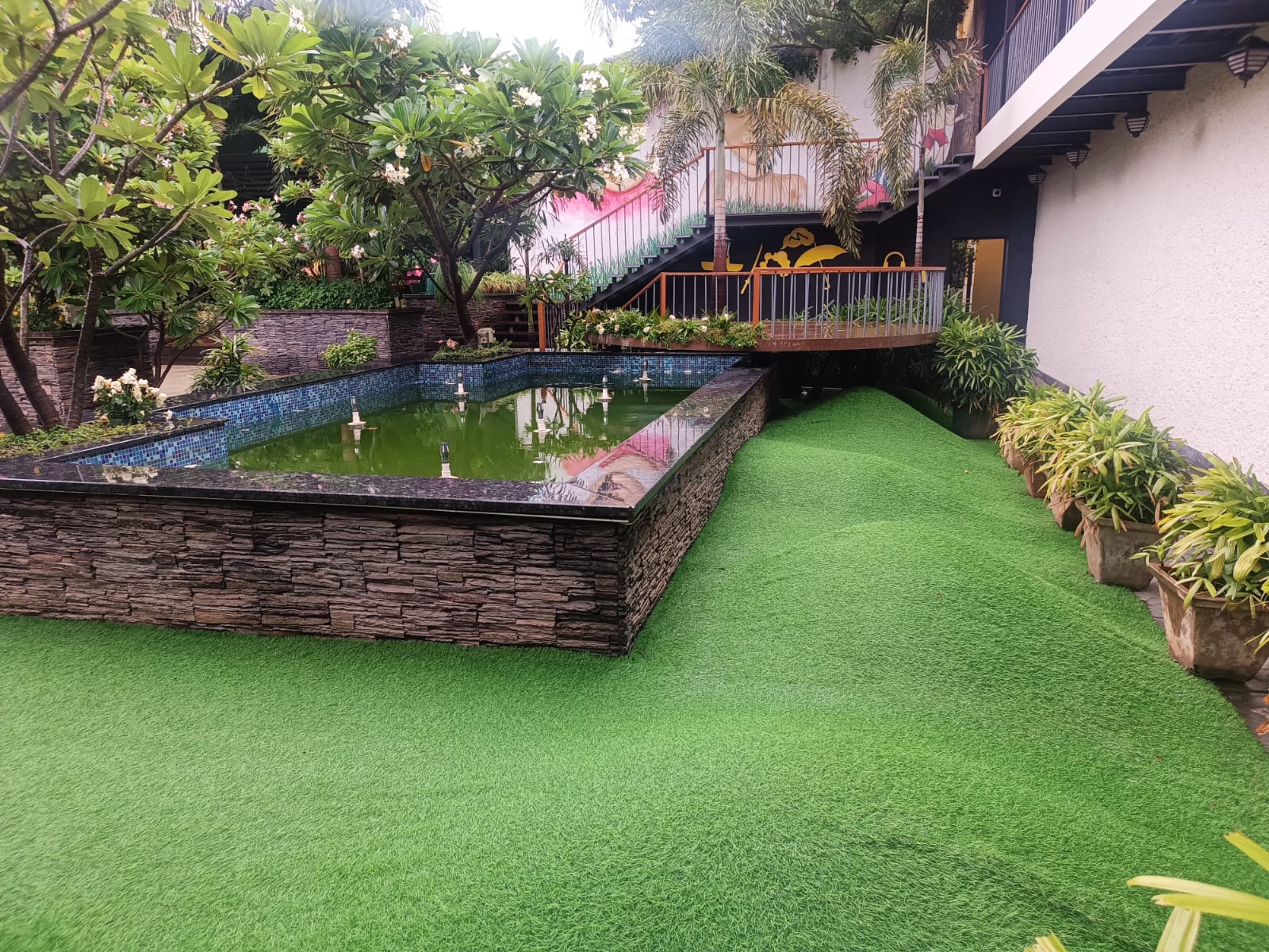 Resort lawn with reflective pond